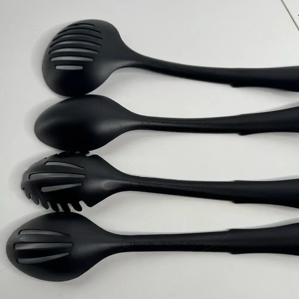 Set of 4 Utensils Black Plastic Slotted Serving Spoons, Ladle Heat Resistant USA